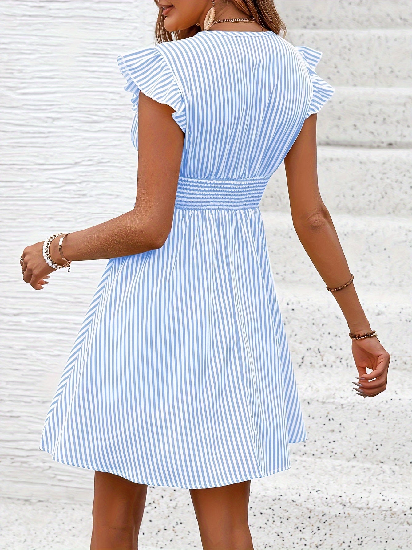 Striped Sleeveless V-Neck Elastic Waist Flared Midi Dress