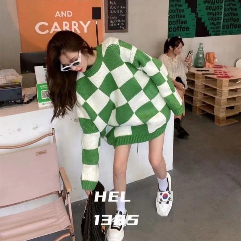 Checker Colorblock Print Women's Long Sleeve Oversized Sweater