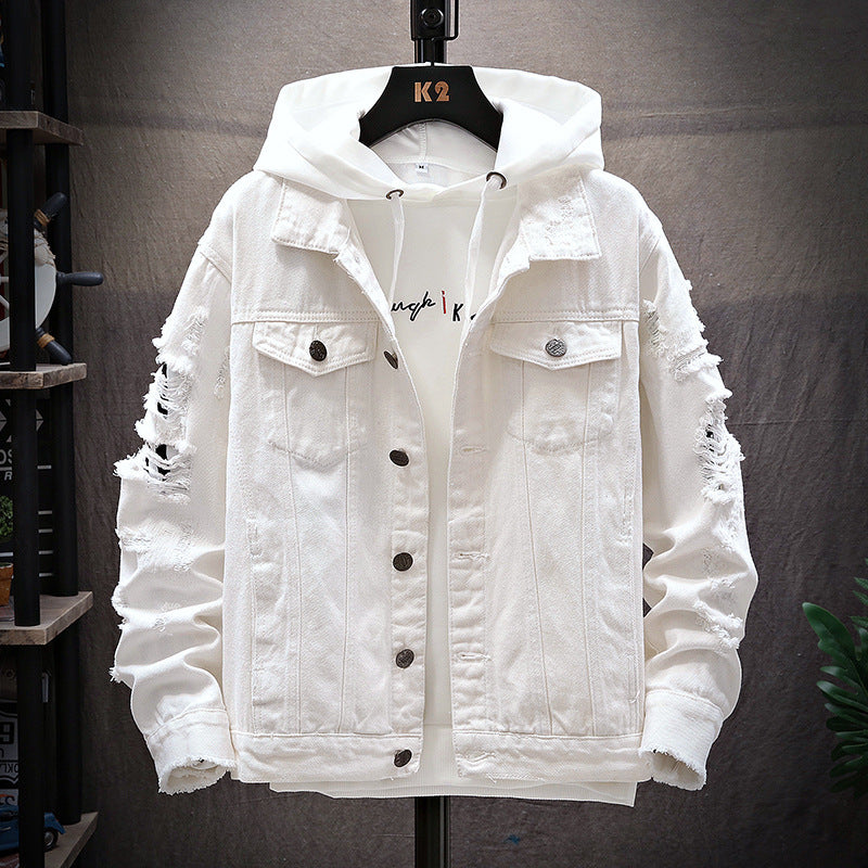 Men's Denim Ripped Gradient/Solid Loose Hip-Hop Button-Up Jean Jacket