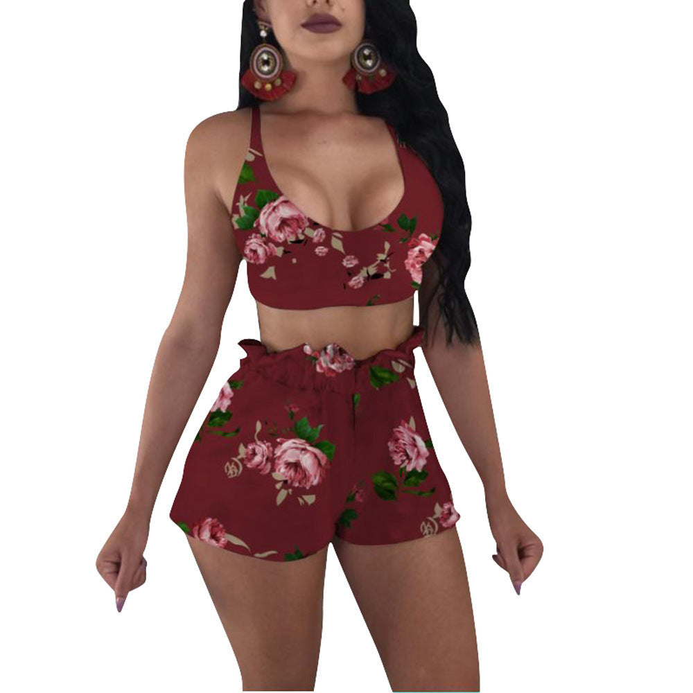 Flower Print V-Neck Crop Tank Top + Lace-Up Women's 2-Piece Set