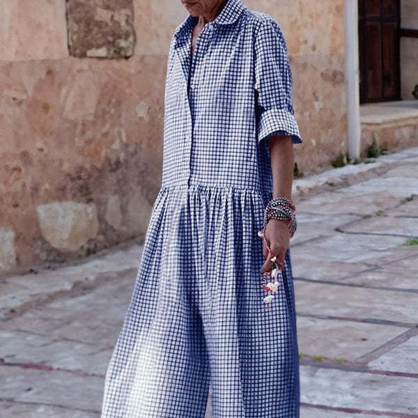 Plaid Print Oversized Turn-Down Collar Long Sleeve Pleated Women's Wide Leg Jumpsuit to 3X Plus Size