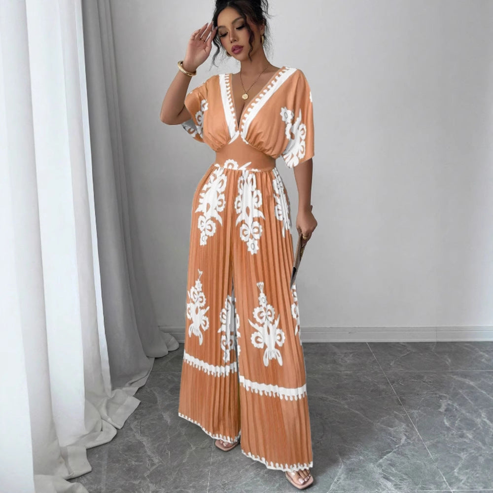 Pleated Printed Deep V-Neck Short Sleeve Wide Leg Jumpsuit