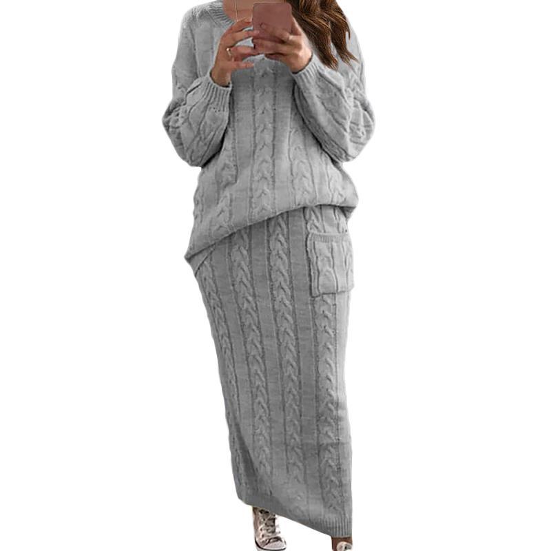Twisted Weave Pattern Women's Long Sleeve Sweater + Maxi Skirt Knitted 2-Piece Set to 5X Plus Size