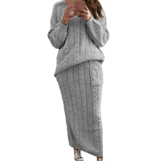 Twisted Weave Pattern Women's Long Sleeve Sweater + Maxi Skirt Knitted 2-Piece Set to 5X Plus Size