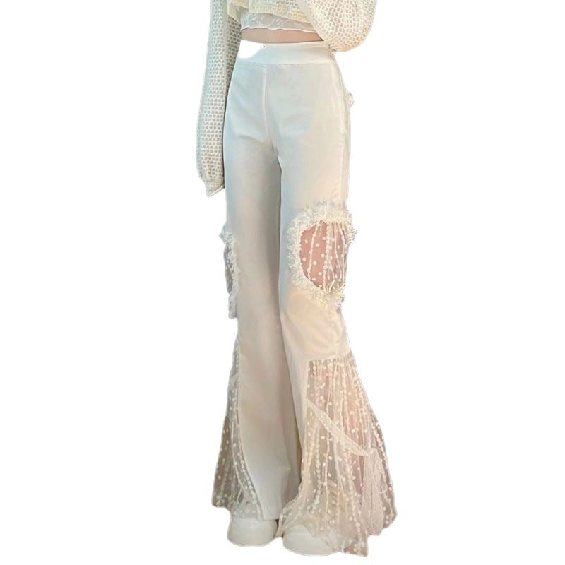 White Mesh Sheer Hollow-Out Transparent Patchwork Waist Micro Flare Women's Pants