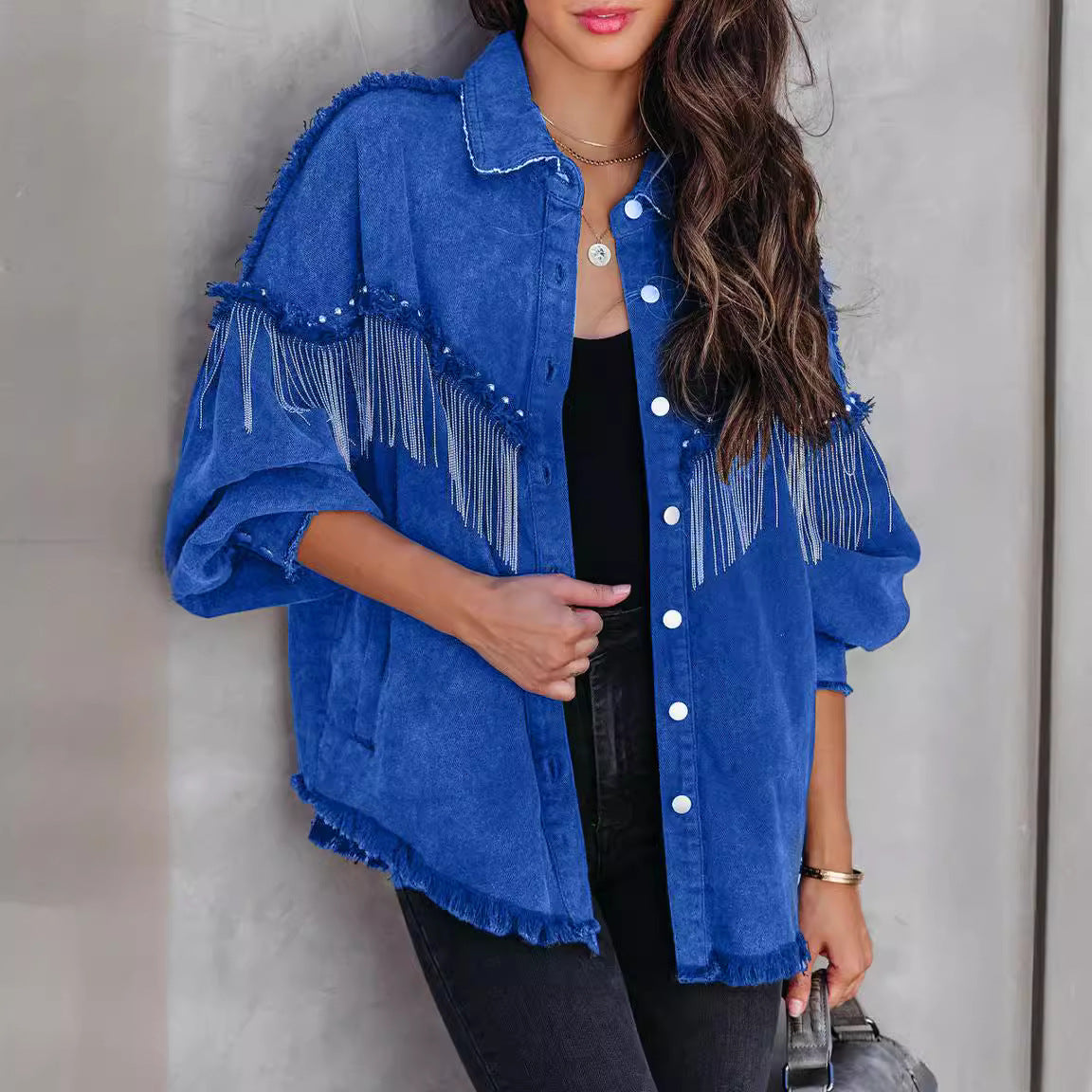 Denim Western Tassel Fringe Chain Rivet Design Women's Button-Up Jean Jacket