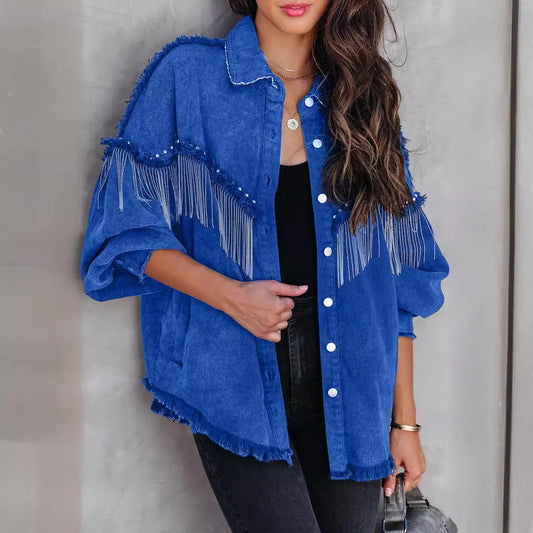 Denim Western Tassel Fringe Chain Rivet Design Women's Button-Up Jean Jacket
