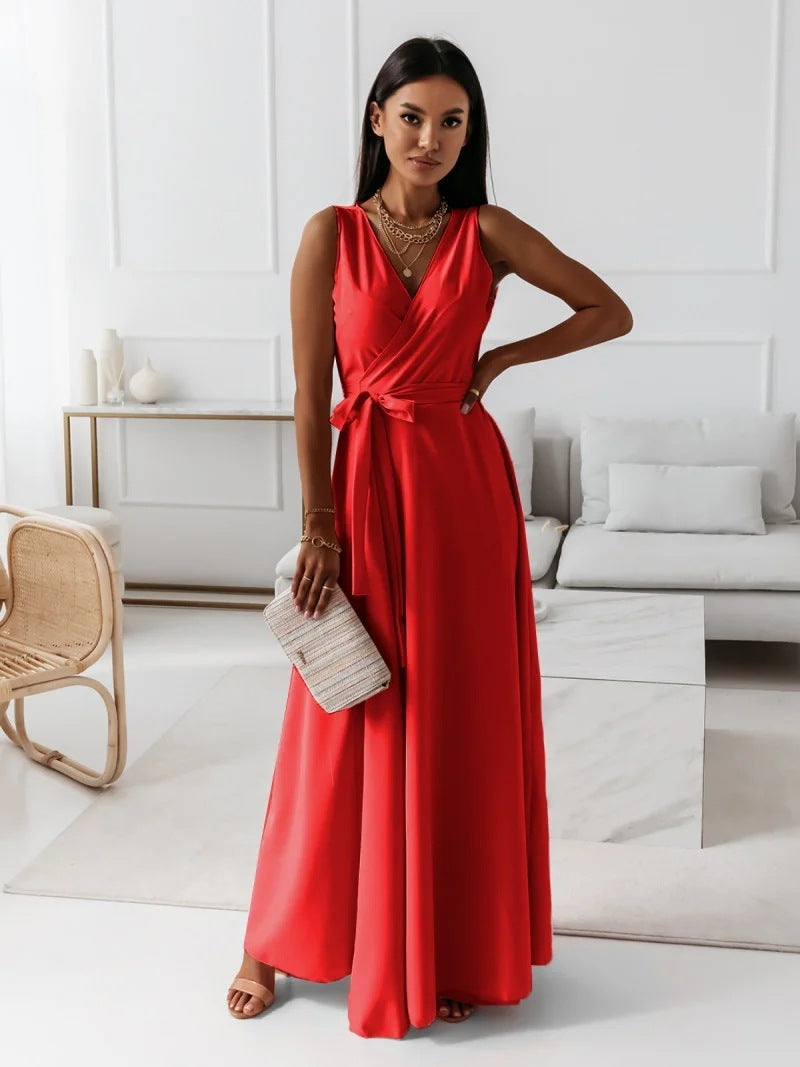 Solid Color V-Neck Sleeveless Belted Party Evening Maxi Wrap Dress