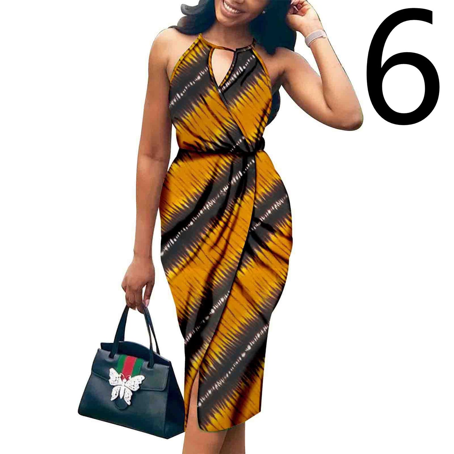 African Print Batik Cotton Sleeveless V-Neck Halter Strap Formal Party Dress to 3X Plus Size