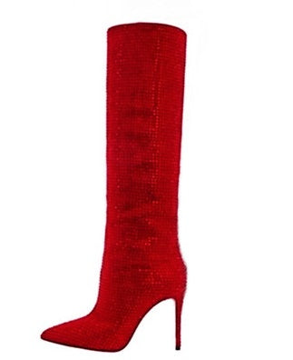 Glitter Rhinestone Women's Pointed Toe Stiletto Knee-High Boots