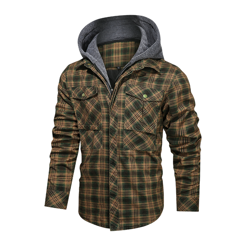 Layered Plaid Men's Fleece Detachable Slim Fit Hoodie Jacket