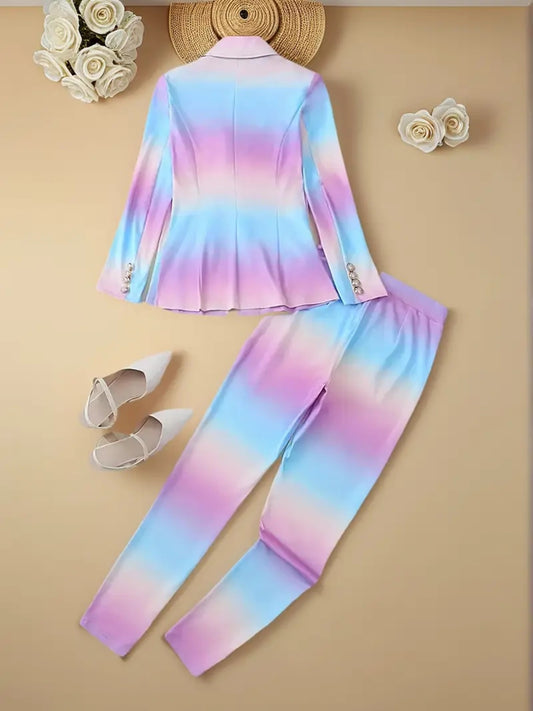 Pastel Striped Colorblock Gradient Striped Blazer Jacket +  Women's Pants Suit