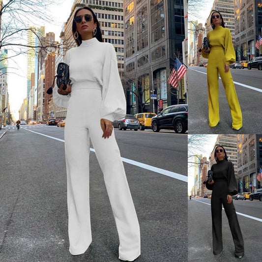 Turtleneck Solid Color Backless Long Balloon Sleeve Women's Pants One-Piece Jumpsuit to 3X Plus Size