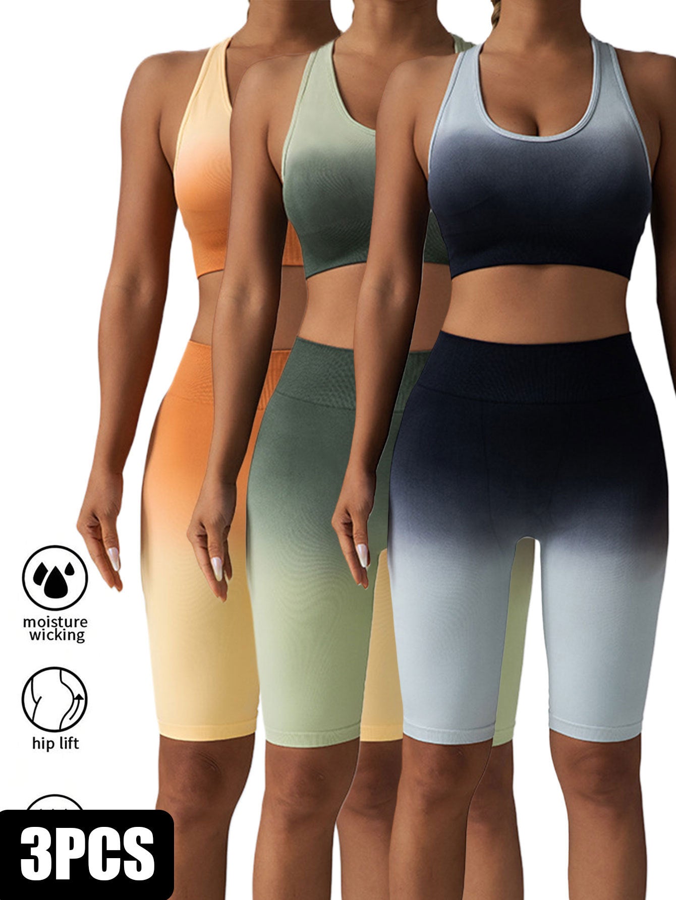 3-Pairs Pack: Colorblock Gradient Women's Workout Seamless High Waisted Scrunch Gym Yoga Biker Shorts