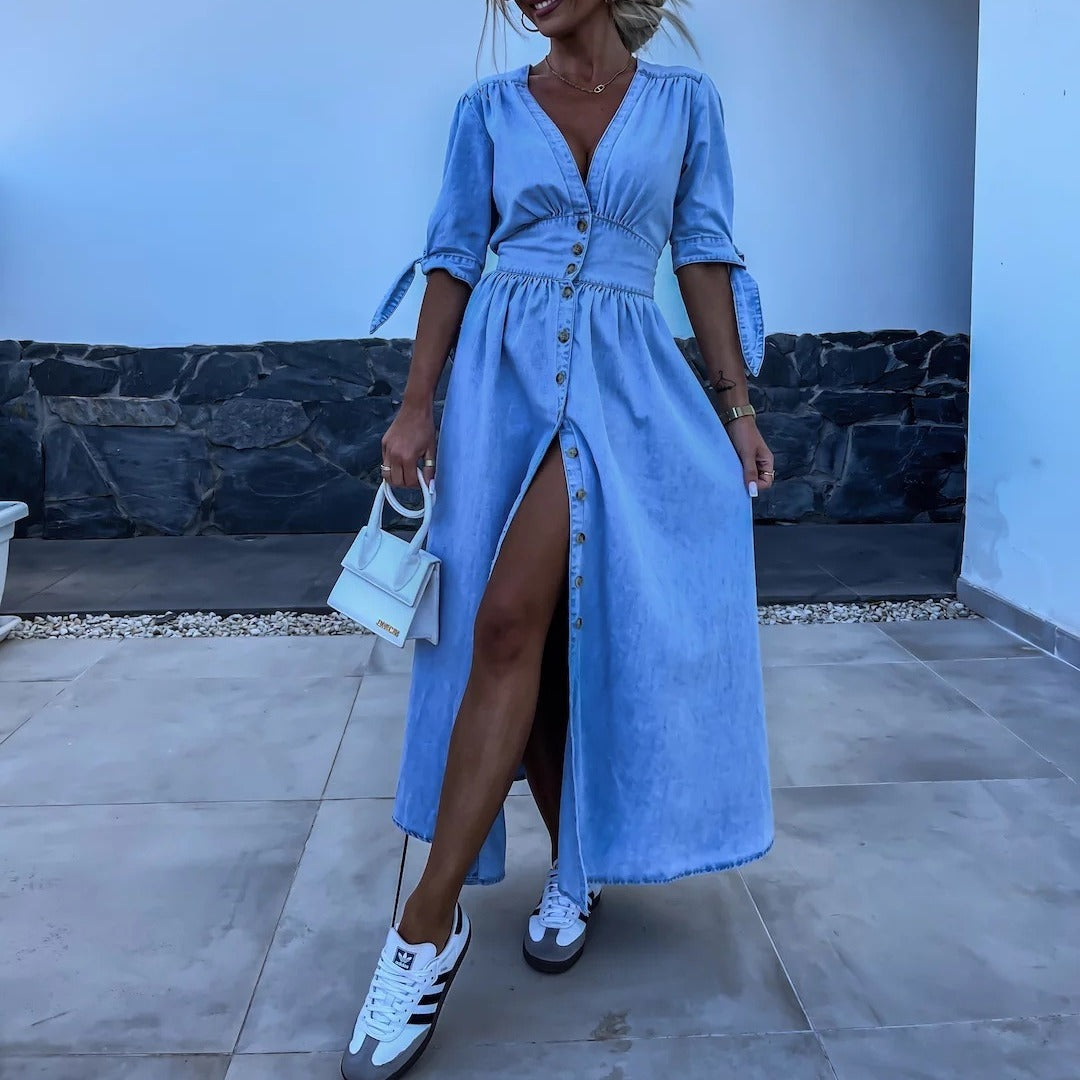 Denim Bohemian Ruched Deep V-Neck Long Sleeve High Slit Maxi Jean Dress