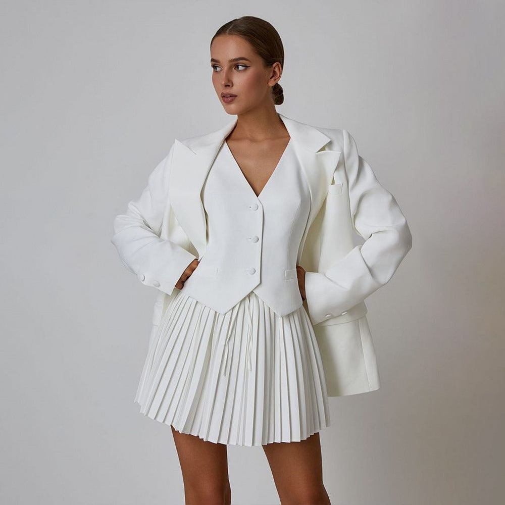 Double Breasted Blazer Jacket + Button-Up Vest Solid Pleated Mini Skirt Women's 3-Piece Suit