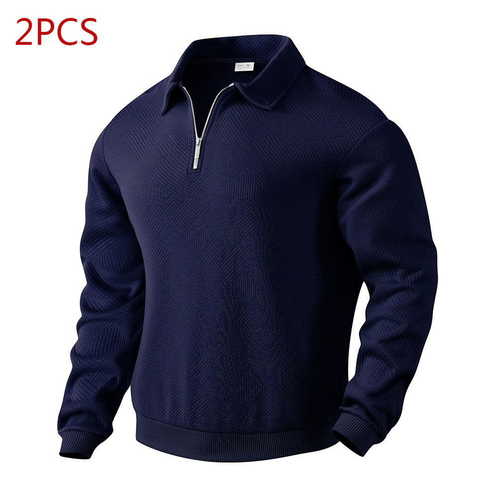 Men's Jacquard Turn-Down Collar Half Zipper Solid Color Long Sleeve Sweatshirt
