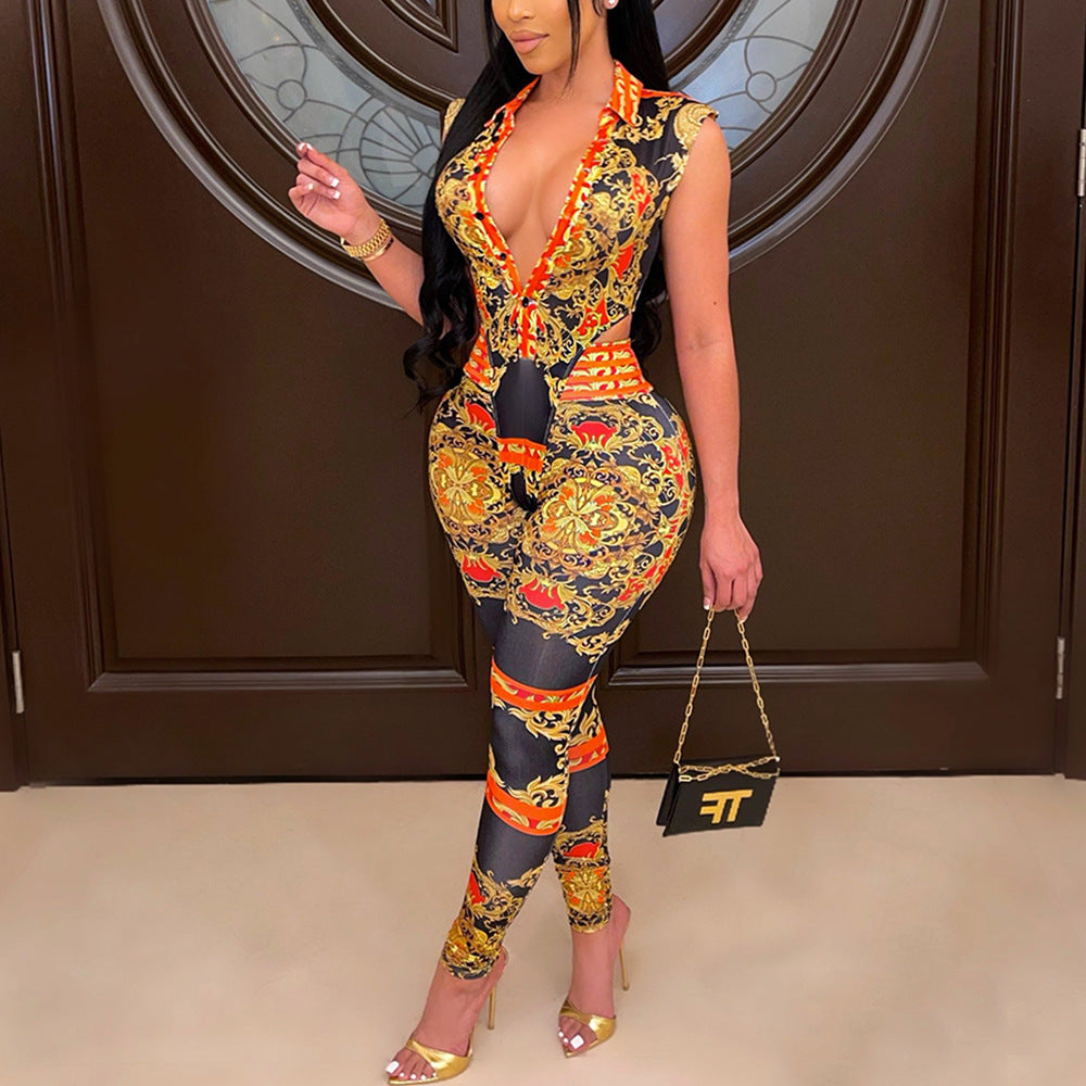 Sleeveless Baroque Print Women's Deep V-Neck Turn-Down Collar Crop Top+ Skin Tight Leggings 2-Piece Set