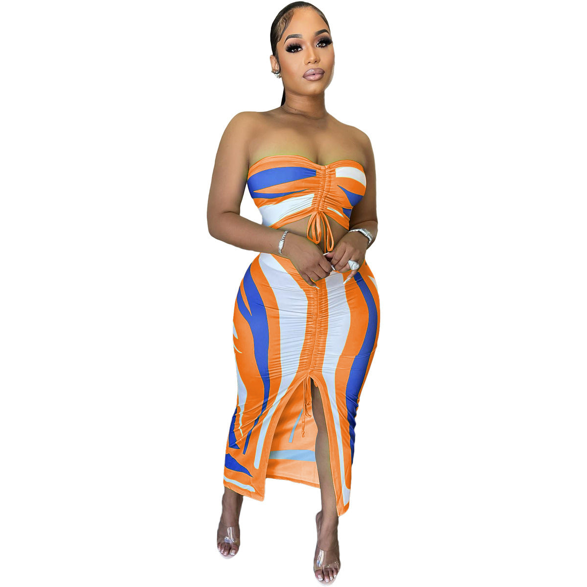 Striped Colorblock Print Sleeveless Tube Bra + High Slit Maxi Skirt 2-Piece Set