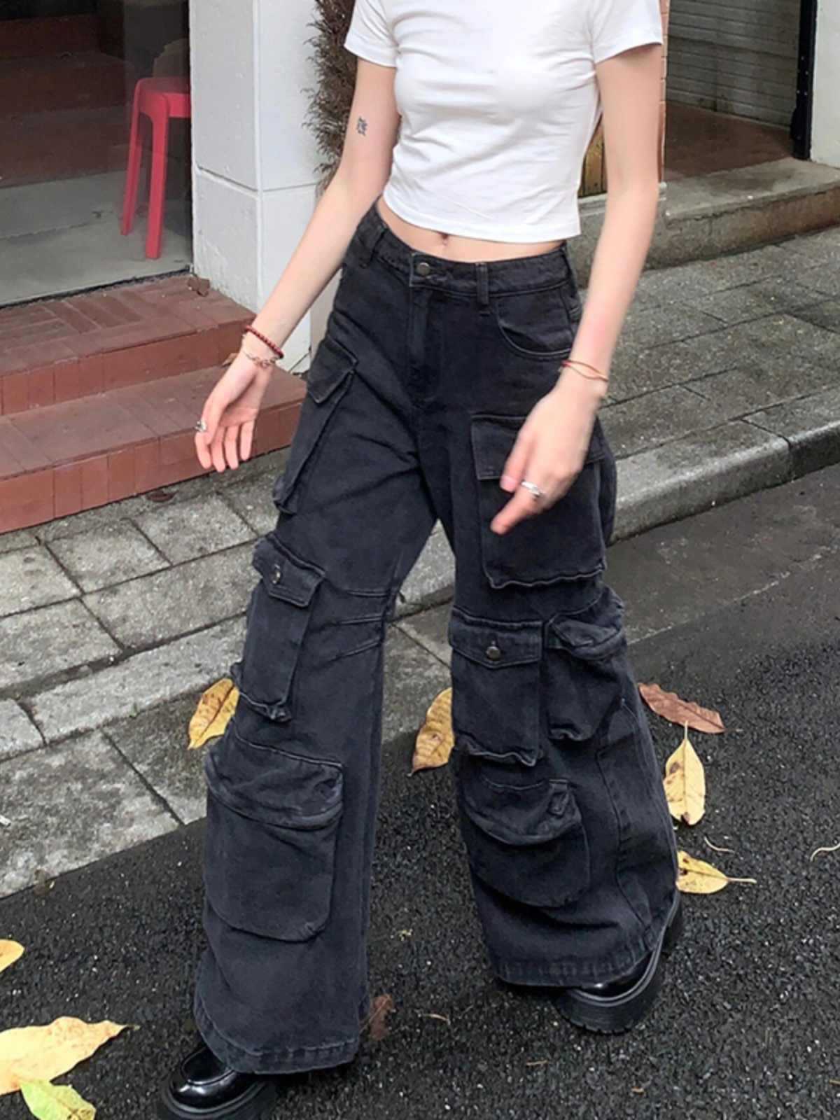 Black Washed Faded  Multi-Pocketed Women's Loose Wide Leg Cargo Jeans to 4X Plus Size