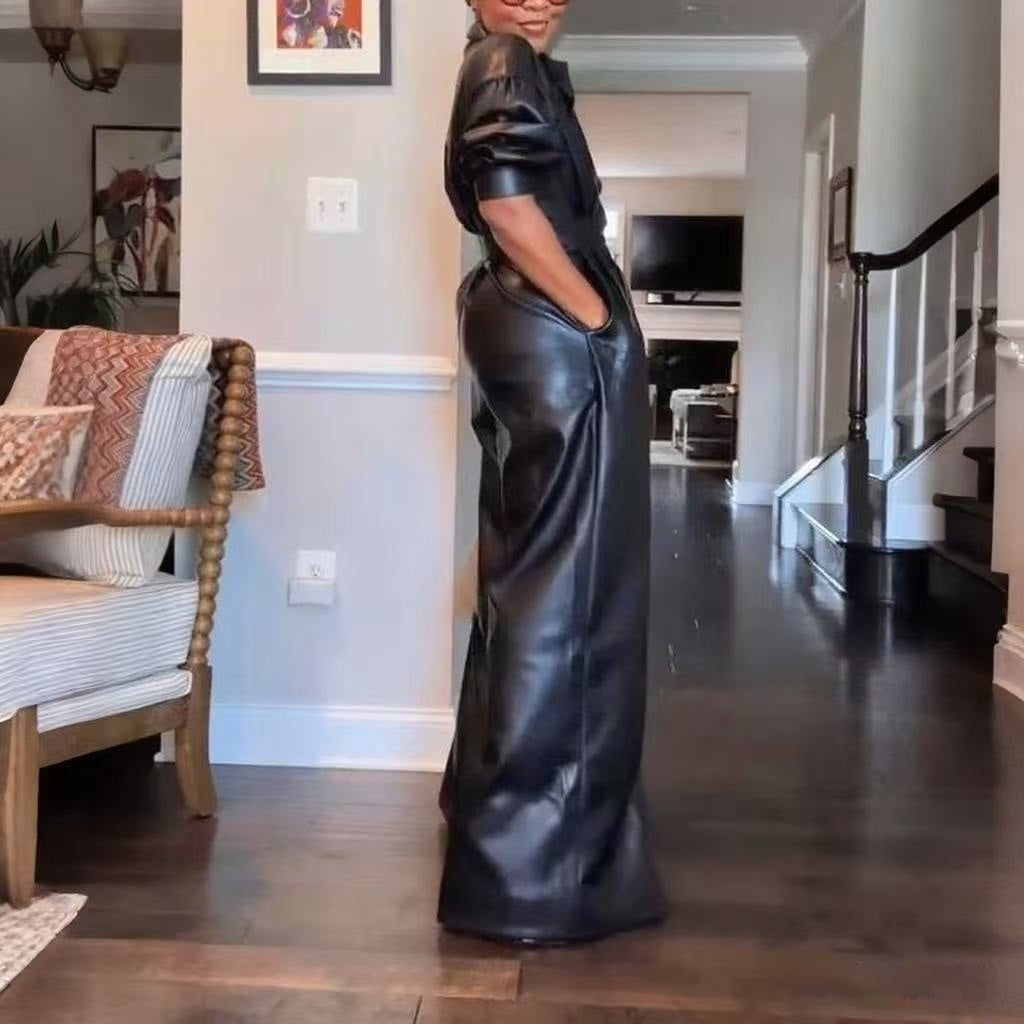Black Retro Loose PU Leather Button-Up Long Puff Sleeve Women's Pocketed Wide Leg Jumpsuit