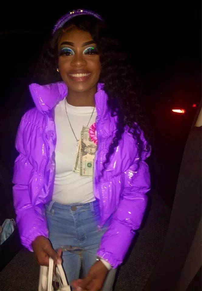 Shiny Faux Leather Women's Solid Color Quilted Down Cotton Puffer Bomber Jacket