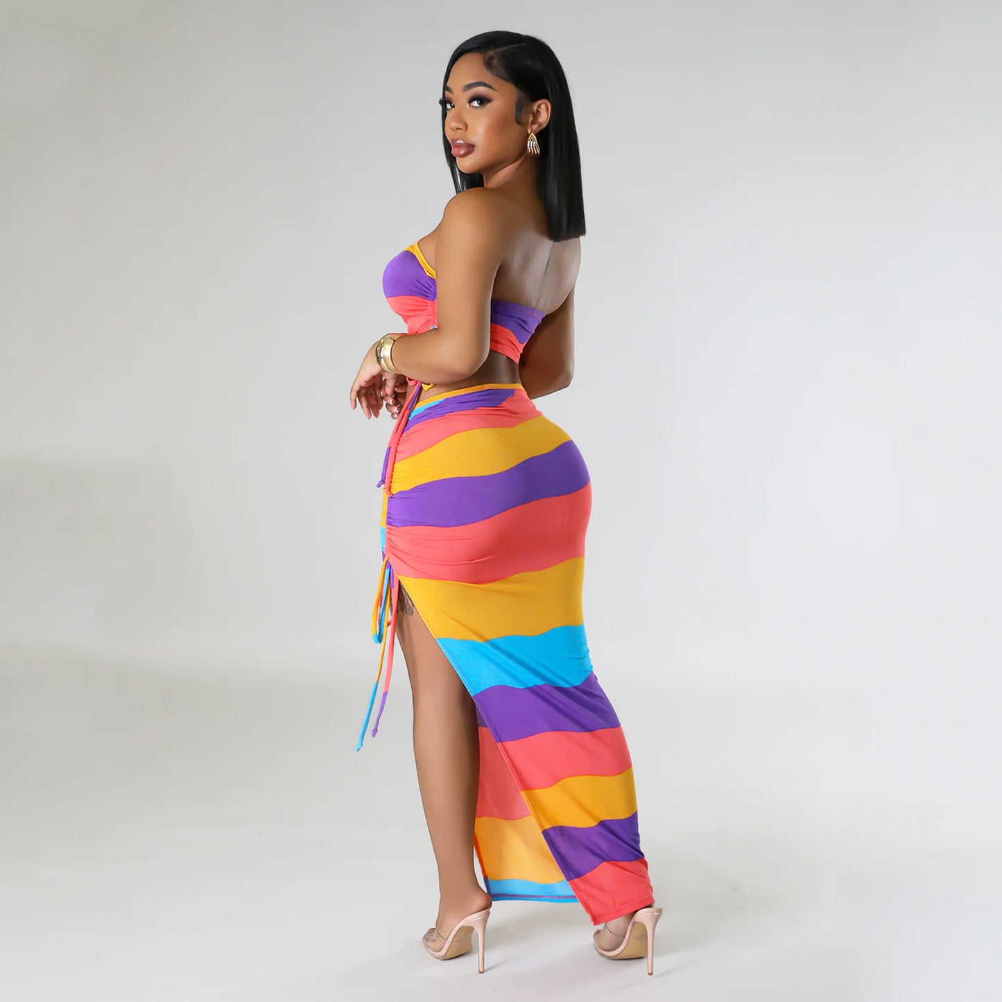 Pastel Rainbow Striped Drawstring Women's Tube Top + Maxi High Slit Skirt 2-Piece Set