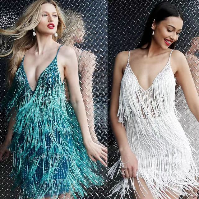 Tassel Fringe Design Sleeveless Deep V-Neck Spaghetti Strap Mini Sling Formal Party Dress