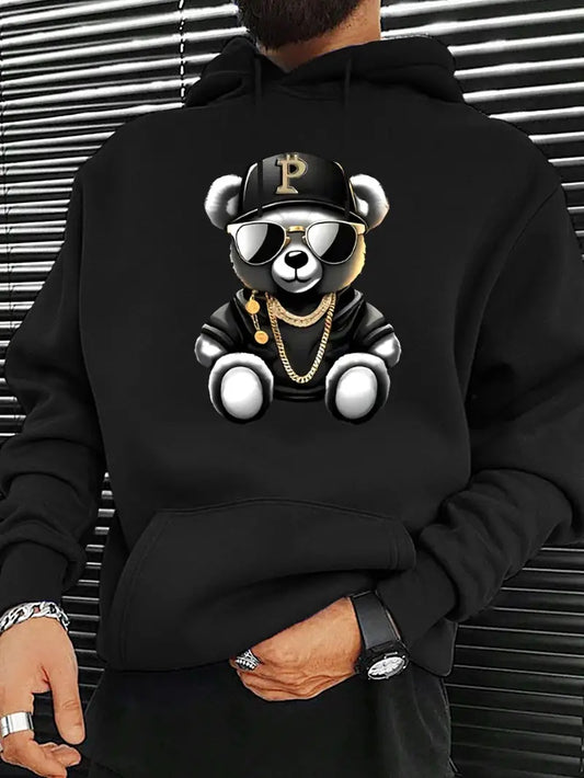 Men's Hip-Hop Teddy Bear Print Long Sleeve Fleece Hoodie Sweatshirt