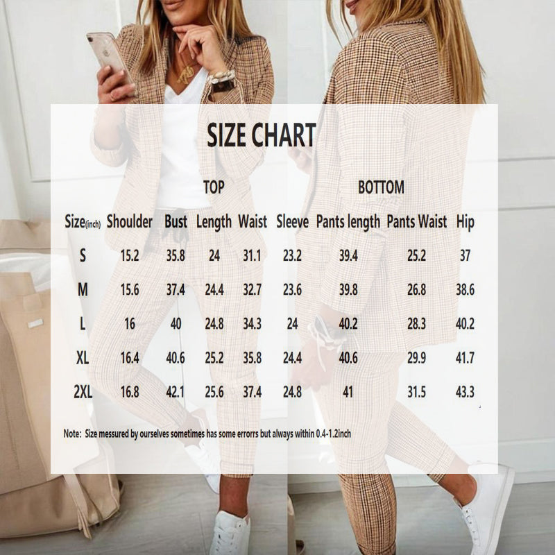Plaid Single Breasted Blazer Jacket & Drawstring Women's Pants Business Casual Suit
