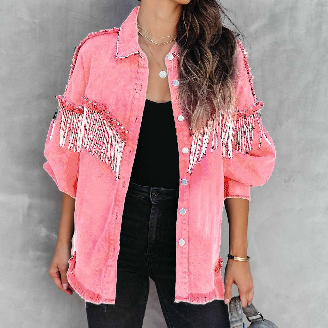 Denim Western Tassel Fringe Chain Rivet Design Women's Button-Up Jean Jacket