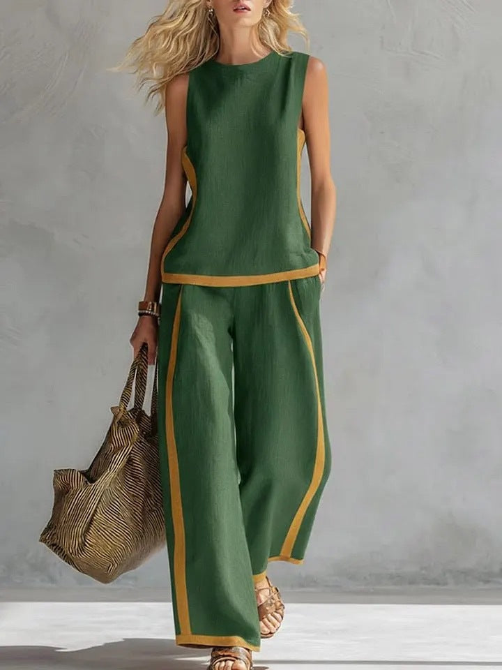 Side Striped Sleeveless Women's Top + High Waist Loose Wide Leg Pants 2-Piece Set to 3X Plus Size
