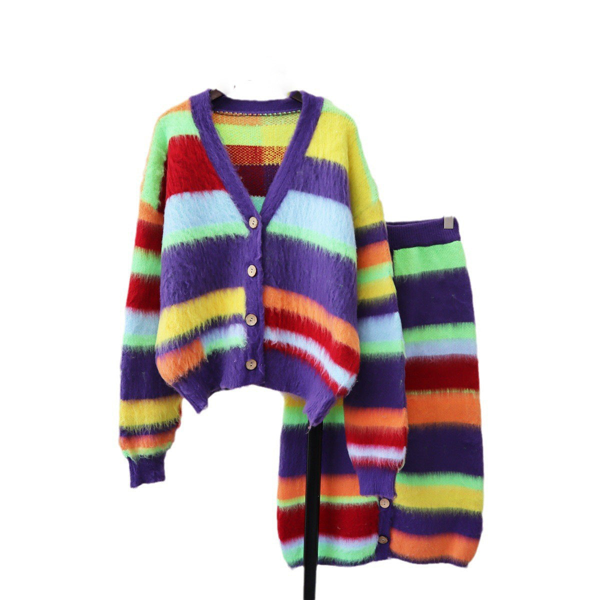 Rainbow Striped Fuzzy Knitted Women's Cardigan Sweater + Button-Up Maxi High Slit Skirt 2-Piece Set