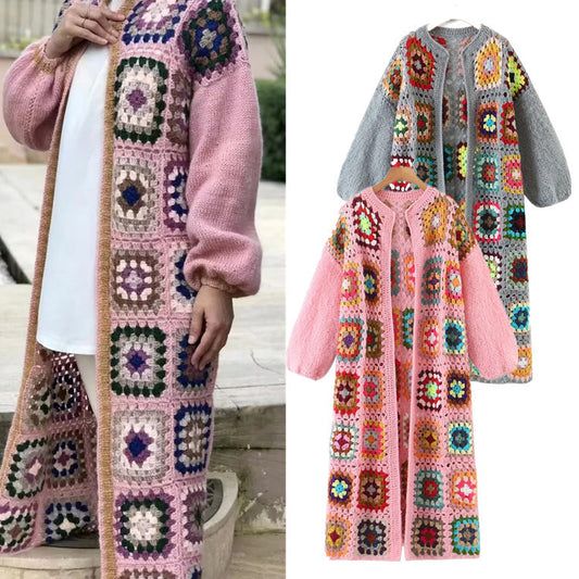 Crochet Floral Geometric Plaid Colorblock Pattern Women's Lantern Sleeve O-Neck Maxi Cardigan Sweater