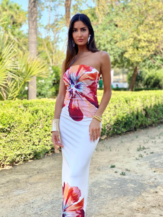 Lady's Sexy Strapless Slim-fit Printed Maxi Dress