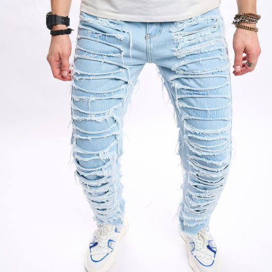 Men's Denim Rioped Baby Blue Fringe Pattern Hip-Hop Skinny Jeans