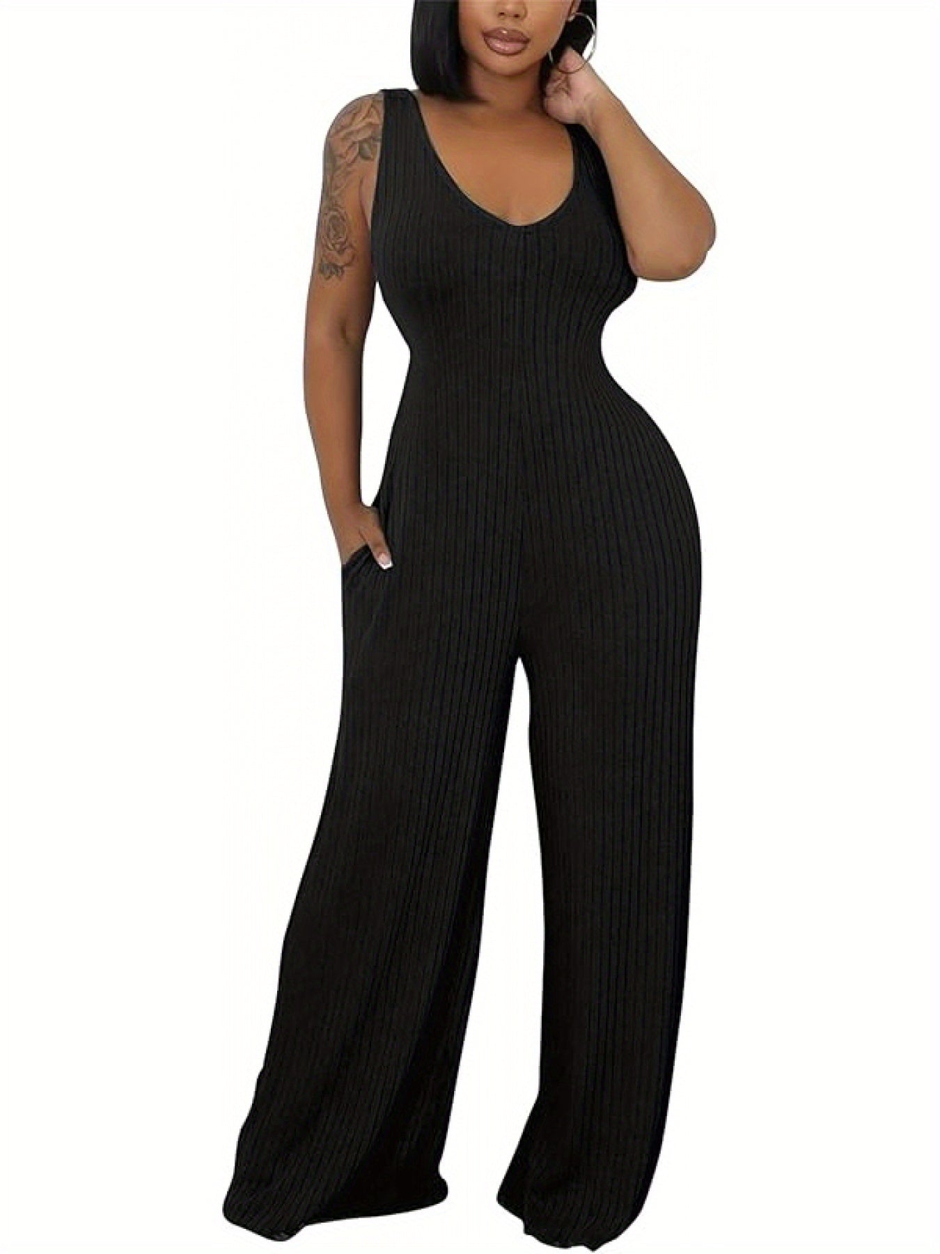 Ribbed Knitted Solid Color Batwing Sleeve Blazer + U-Neck Women's Sleeveless Jumpsuit 2-Piece Set