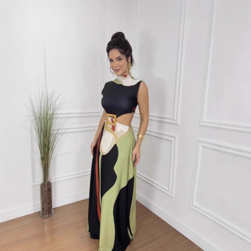 Sleeveless Colorblock Cold Shoulder Hollow-Out Backless Maxi Dress