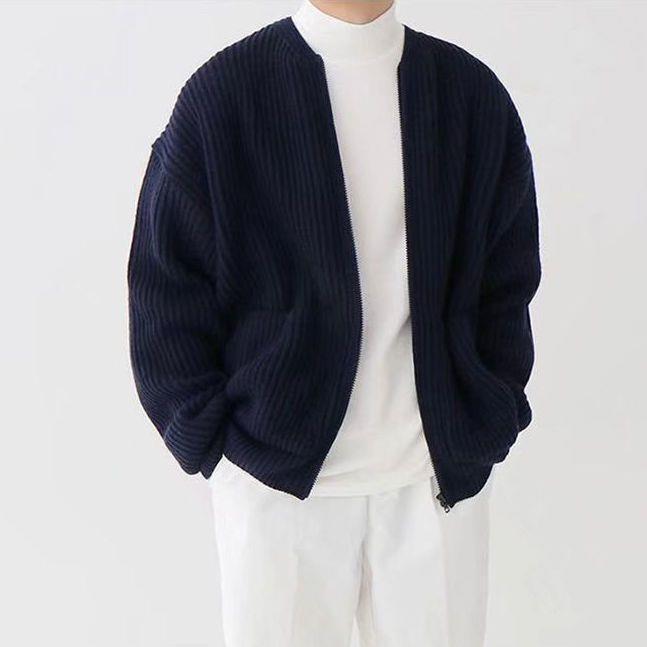 Men's Knitted Lined Funnel Neck Pocketed Zipper Cardigan Sweater Jacket