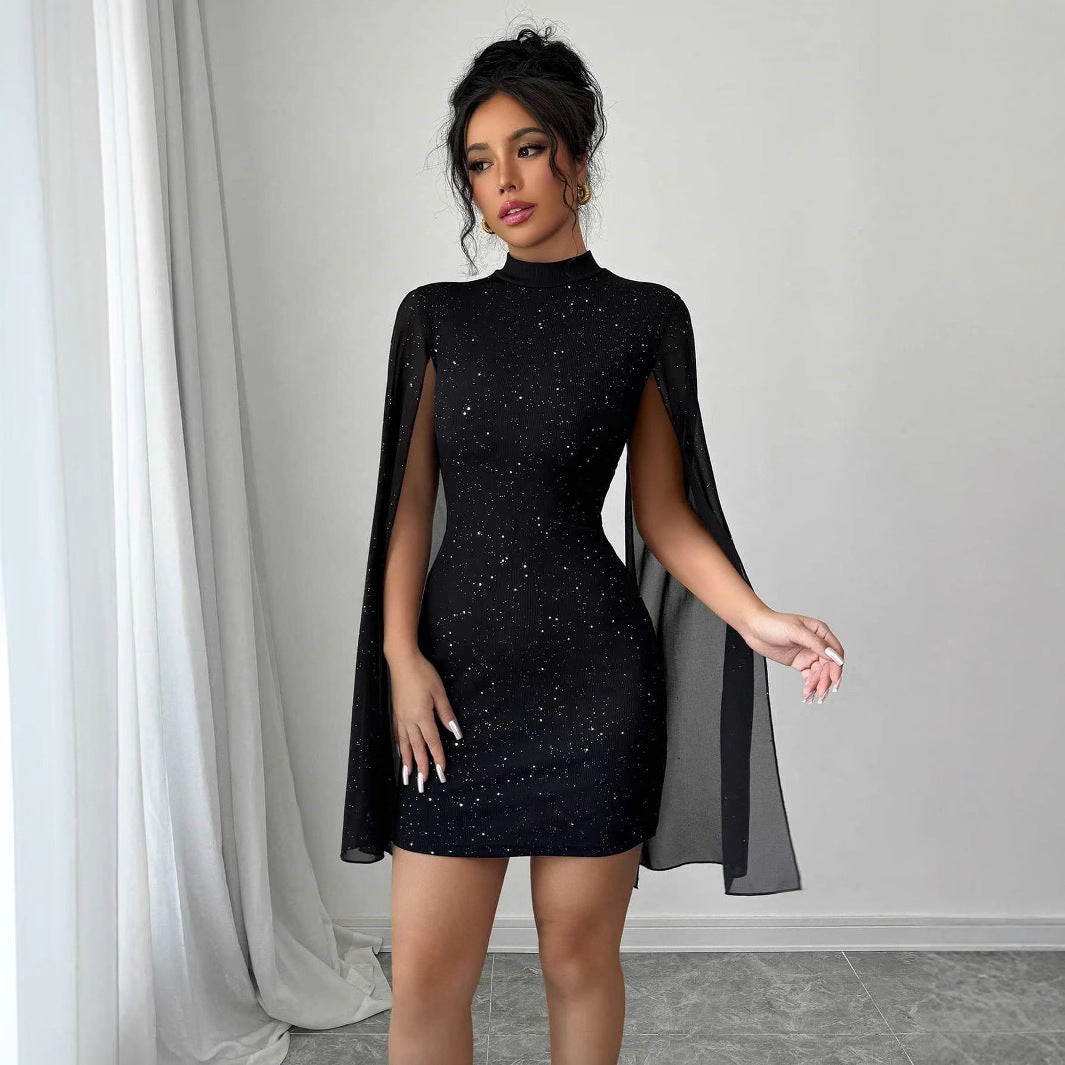 Chiffon Sparkling Glitter Round Neck Cape Sleeve Wrapped Hip Formal Mini Party Dress