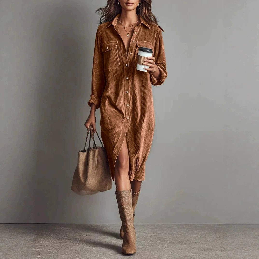 Double Pocket Design Turn-Down Collar Loose Button-Up Long Sleeve Office Midi Shirt Dress to 3X Plus Size