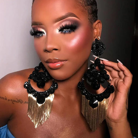 Oversized Black Metal Tassel Fringe Earrings