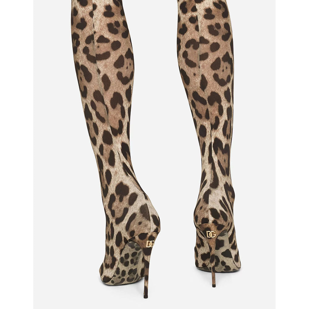 Leopard Print Pointed Toe Stiletto Heel Ultra Long Women's Over-the-Knee Stretch Thigh-High Boots