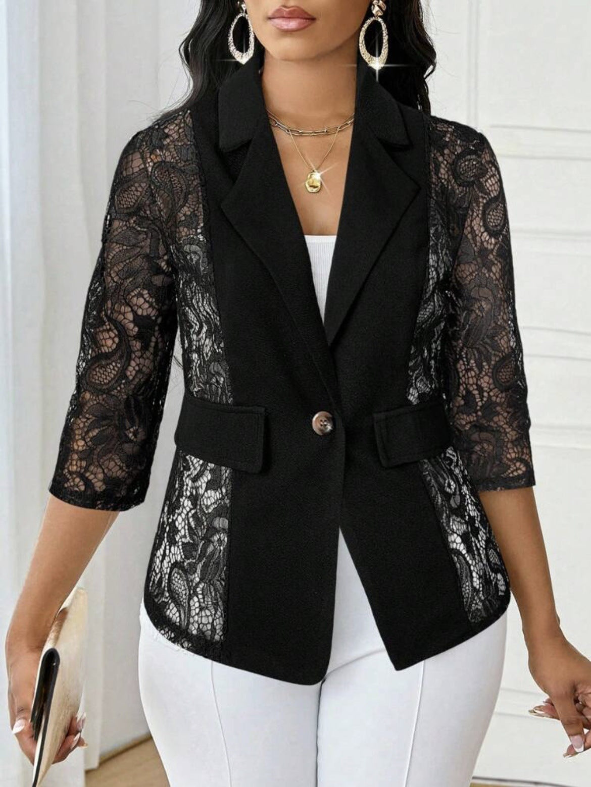 Lace Floral Solid-Color Lace Hollowed-Out 3/4 Sleeve Women's Blazer Jacket