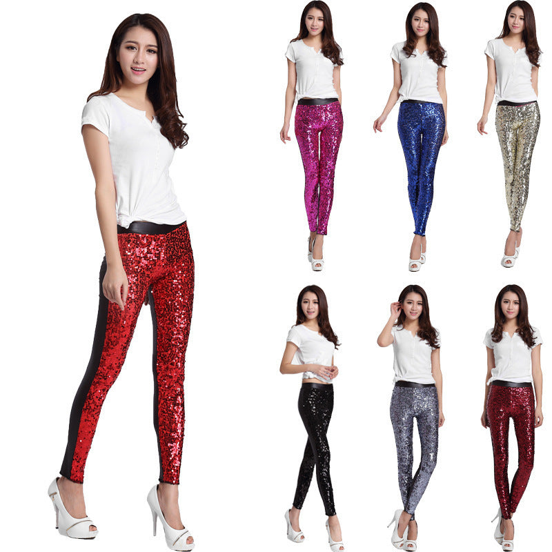 Sequined Glitter Sparkling Women's Side Striped Elastic Waist Leggings