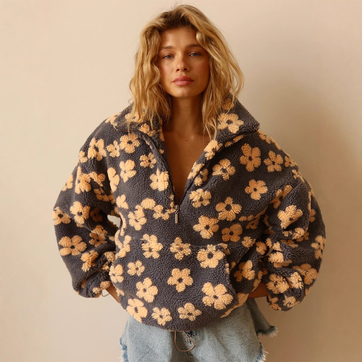 Fleece Lambskin Big Flower Print Pocketed Loose Pullover Long Sleeve Women's Zipper Sweatshirt