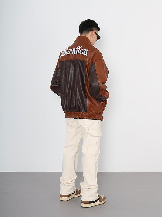 Men's PU Leather Letter Print Hip-Hop Colorblock  Contrast Patchwork Embroidered Bomber Jacket
