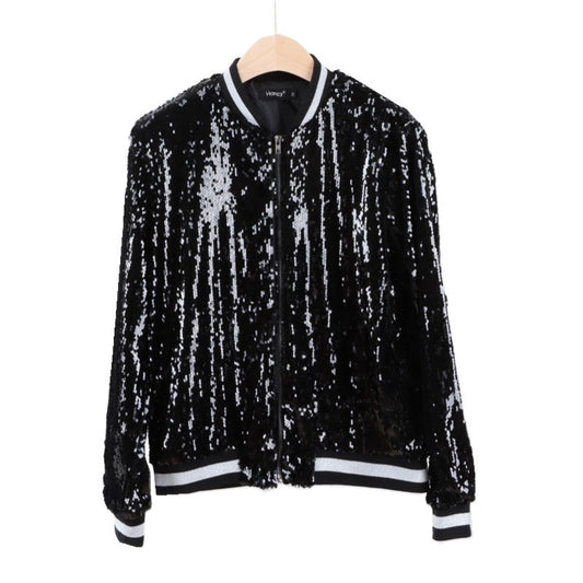 Sequin Black/Silver Striped Hem O-Neck Women's Long Sleeve Baseball Bomber Jacket