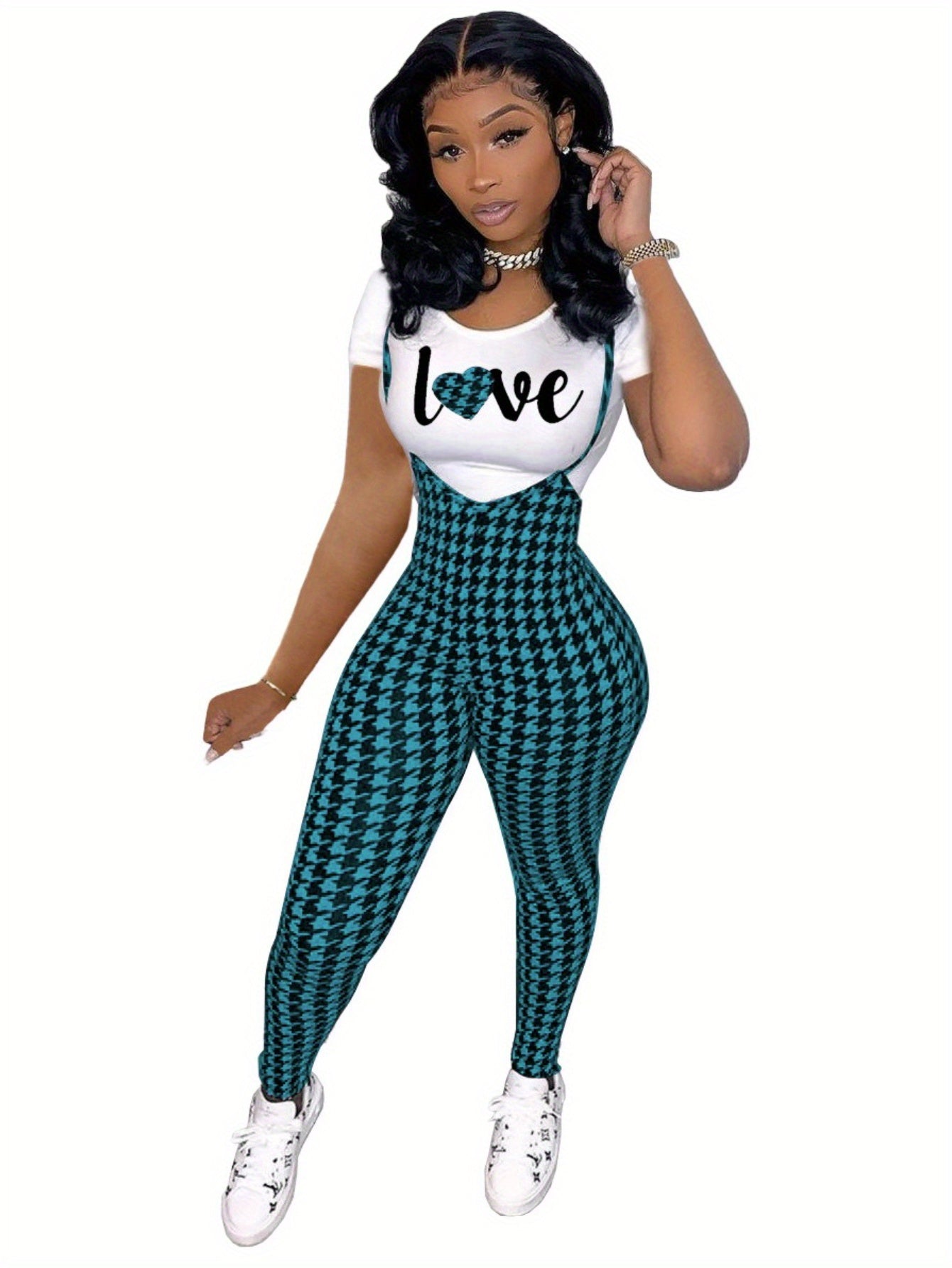 Sleeveless Houndstooth Plaid Print Cami Overalls Jumpsuit w/Love Heart Print T-Shirt Women's 2-Piece Set