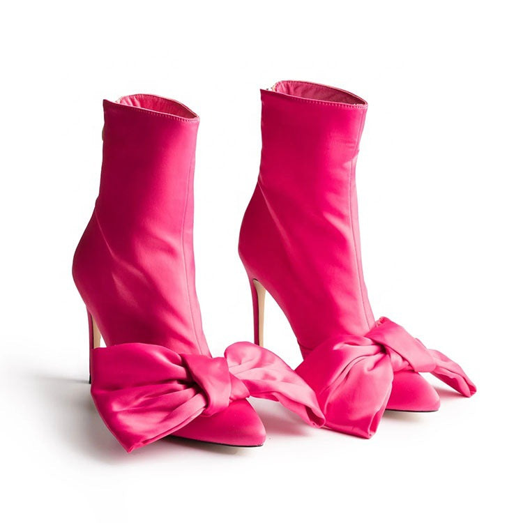 Satin Oversized Bowknot Design Camo/Solid Color/ Rainbow Striped Stiletto Heel Women's Ankle Boots